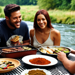 **

Camp BBQ scene: Friends around a BBQ grill by a river, enjoying various dishes. Focus on a stylishly arranged spread of food, with a homemade spice mix prominently displayed.

**