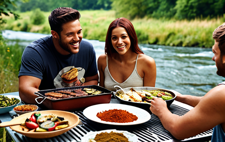 **

Camp BBQ scene: Friends around a BBQ grill by a river, enjoying various dishes. Focus on a stylishly arranged spread of food, with a homemade spice mix prominently displayed.

**