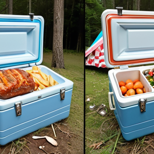 **

A split-screen image. On one side, a frustrated person struggles with an oversized icebox on a picnic. On the other side, spoiled food sits inside a too-small icebox at a campsite. Caption: "Choosing the wrong icebox size can ruin your day!"

**