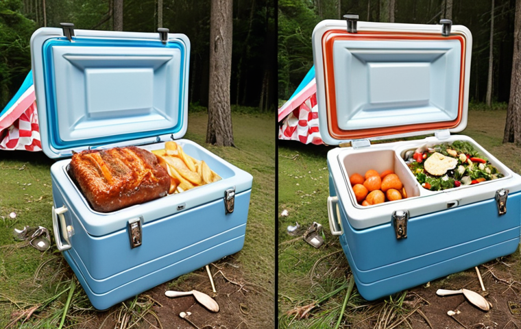 **

A split-screen image. On one side, a frustrated person struggles with an oversized icebox on a picnic. On the other side, spoiled food sits inside a too-small icebox at a campsite. Caption: "Choosing the wrong icebox size can ruin your day!"

**
