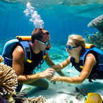 Snorkeling Adventure**
A small family of three (mother, father, and a child) snorkeling together in a sunlit, shallow tropical coral reef. They are wearing modest swimwear and life vests, gently floating on the surface while observing vibrant coral formations and schools of small, colorful tropical fish below. The water is crystal clear with beautiful light rays. perfect anatomy, correct proportions, natural pose, well-formed hands, proper finger count, natural body proportions, fully clothed, appropriate attire, safe for work, family-friendly, professional underwater photography, high quality.

**