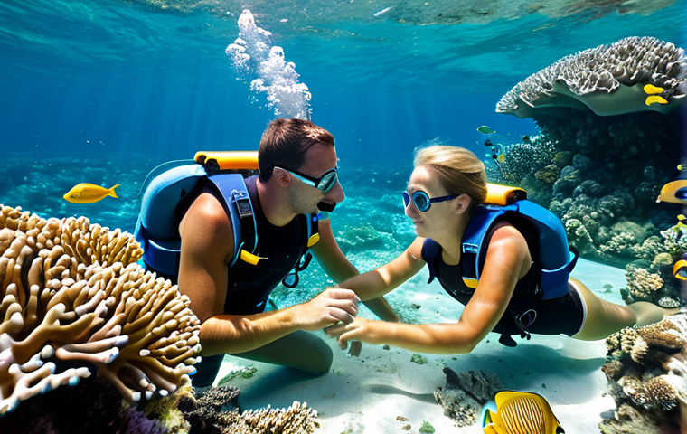 Snorkeling Adventure**
A small family of three (mother, father, and a child) snorkeling together in a sunlit, shallow tropical coral reef. They are wearing modest swimwear and life vests, gently floating on the surface while observing vibrant coral formations and schools of small, colorful tropical fish below. The water is crystal clear with beautiful light rays. perfect anatomy, correct proportions, natural pose, well-formed hands, proper finger count, natural body proportions, fully clothed, appropriate attire, safe for work, family-friendly, professional underwater photography, high quality.

**