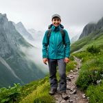 A solo hiker, fully clothed in modern, light gray waterproof-breathable hiking apparel, stands comfortably on a scenic mountain trail under a light mist. The advanced fabric of their modest jacket and pants appears breathable and efficient. Lush green foliage and distant mountain peaks are visible in the soft focus background. Perfect anatomy, correct proportions, natural pose, well-formed hands, proper finger count, natural body proportions. Professional photography, high quality, safe for work, appropriate content, fully clothed, family-friendly.