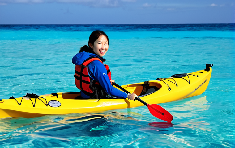 Sea Kayaking Adventure**

A professional woman, fully clothed in appropriate waterproof gear, kayaking on a clear, blue sea in Okinawa, Japan. Colorful fish are visible under the surface. Safe for work, appropriate content, perfect anatomy, natural proportions, professional photography, high quality, family-friendly.

**