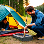 텐트 설치 방법 - A family-friendly campsite scene at sunset. A fully clothed man shows a child how to hammer a tent p...