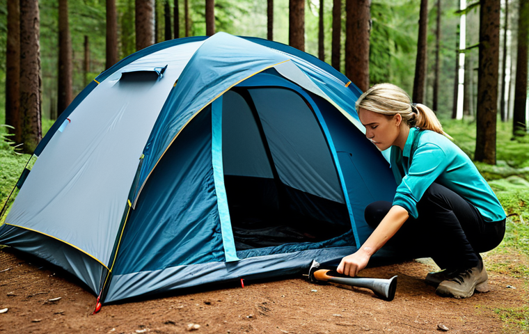 텐트 설치 방법 - A family-friendly campsite scene at sunset. A fully clothed man shows a child how to hammer a tent p...