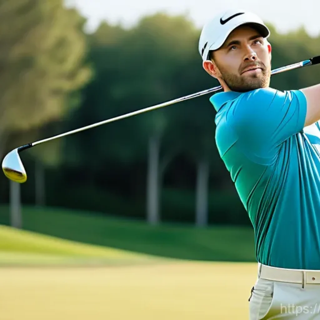 골프채 종류와 사용법 - A dynamic, slightly low-angle shot of a male golfer in his late 20s, dressed in a stylish, modern go...