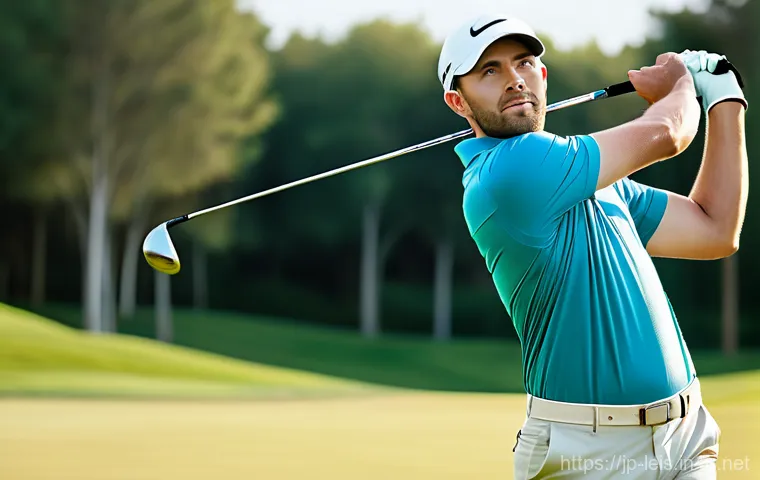 골프채 종류와 사용법 - A dynamic, slightly low-angle shot of a male golfer in his late 20s, dressed in a stylish, modern go...