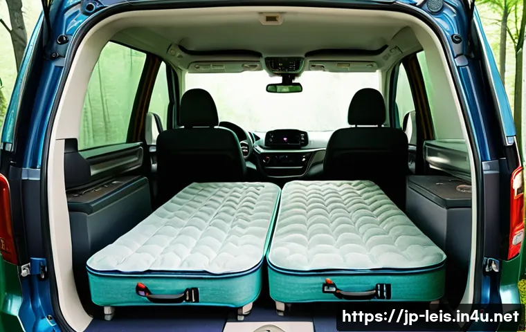차박에 적합한 차량 추천 - A cozy interior of a modern minivan designed for car camping in Japan, showing a fully flat rear sea...