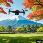 드론 레저 활동 가이드 - A lightweight hobby drone flying smoothly over a wide, sunny park in Japan, with a clear blue sky an...