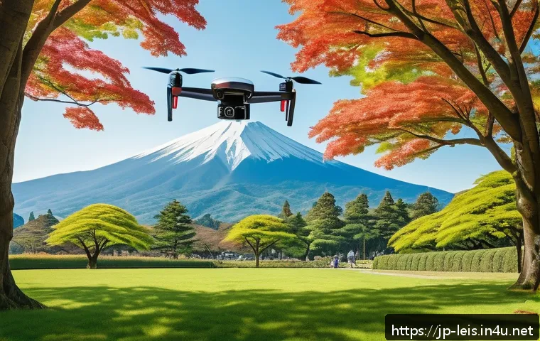 드론 레저 활동 가이드 - A lightweight hobby drone flying smoothly over a wide, sunny park in Japan, with a clear blue sky an...