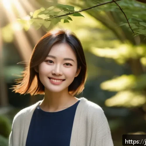 초보자를 위한 레저 사진 촬영법 - A serene outdoor portrait of a smiling young Japanese woman standing in soft morning sunlight, weari...