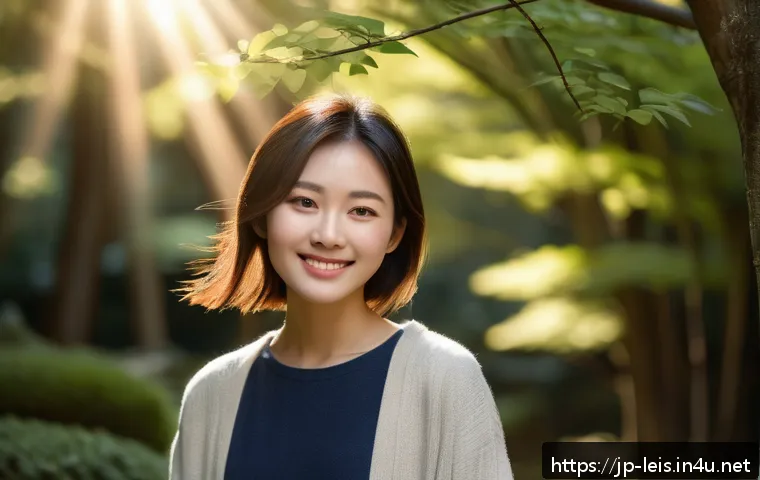 초보자를 위한 레저 사진 촬영법 - A serene outdoor portrait of a smiling young Japanese woman standing in soft morning sunlight, weari...