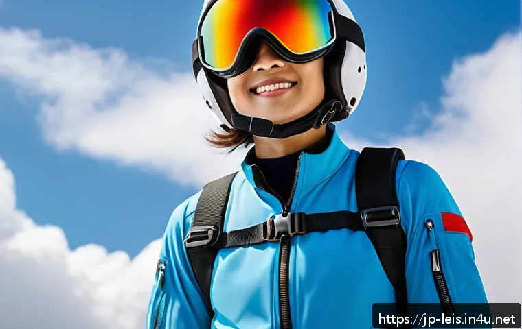 스카이다이빙 준비 가이드 - A confident beginner skydiver wearing a perfectly fitted, breathable jump suit with slight stretch, ...
