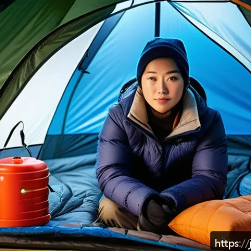 겨울 캠핑 난방 기구 - A cozy winter camping scene inside a well-insulated tent featuring a compact gas heater emitting war...