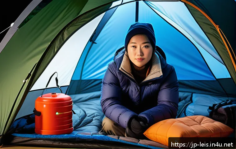 겨울 캠핑 난방 기구 - A cozy winter camping scene inside a well-insulated tent featuring a compact gas heater emitting war...