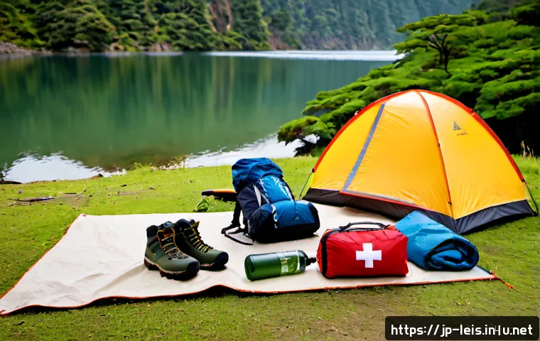 초보자를 위한 캠핑 준비물 - Photorealistic beginner camping gear neatly arranged on a large beige groundsheet at a quiet Japanes...