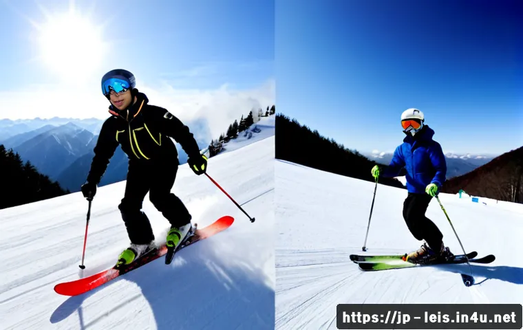 스키와 스노보드의 차이 - Photorealistic side-by-side winter sports comparison on a sunny Japanese mountain slope: an adult sk...