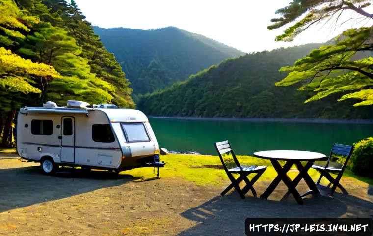 트레일러 캠핑 가이드 - Photorealistic wide-angle scene of a compact travel trailer parked at a quiet Japanese lakeside camp...
